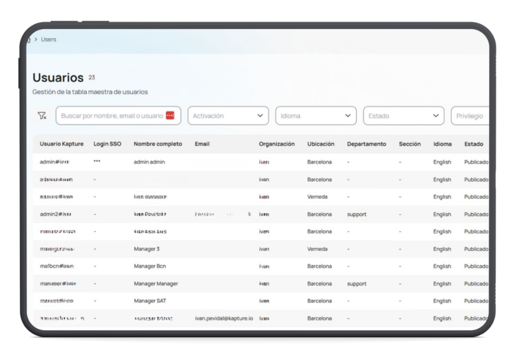 Kapture.io Tablas maestras usuarios